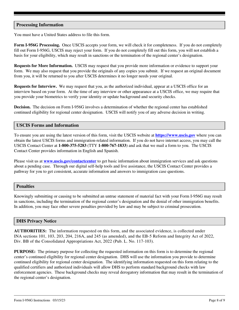 Instructions for USCIS Form I-956G Regional Center Annual Statement, Page 8