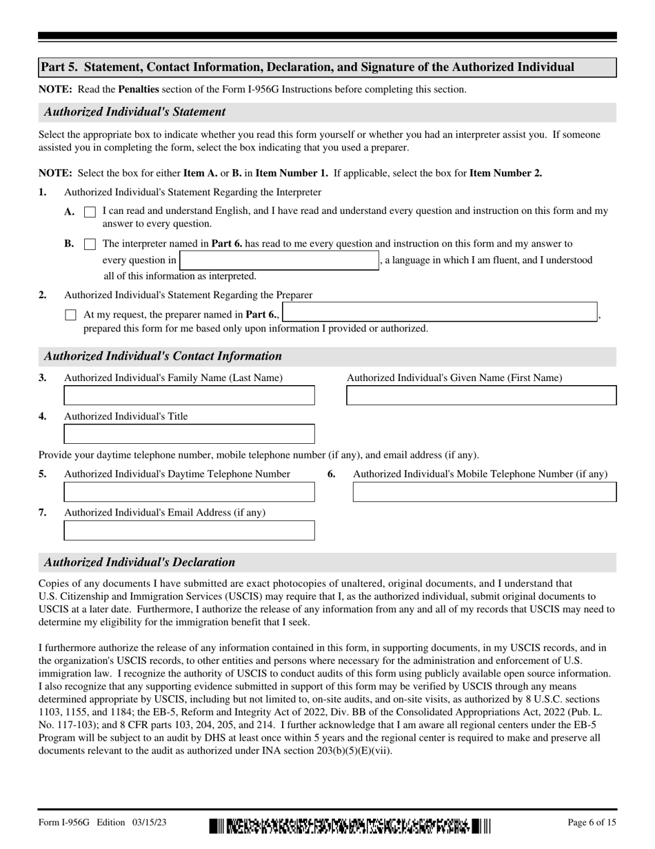 USCIS Form I-956G Regional Center Annual Statement, Page 6