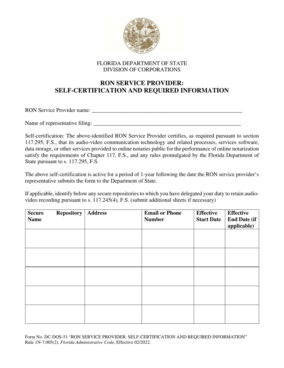 Form DC-DOS-51 Ron Service Provider: Self-certification and Required Information - Florida, Page 1