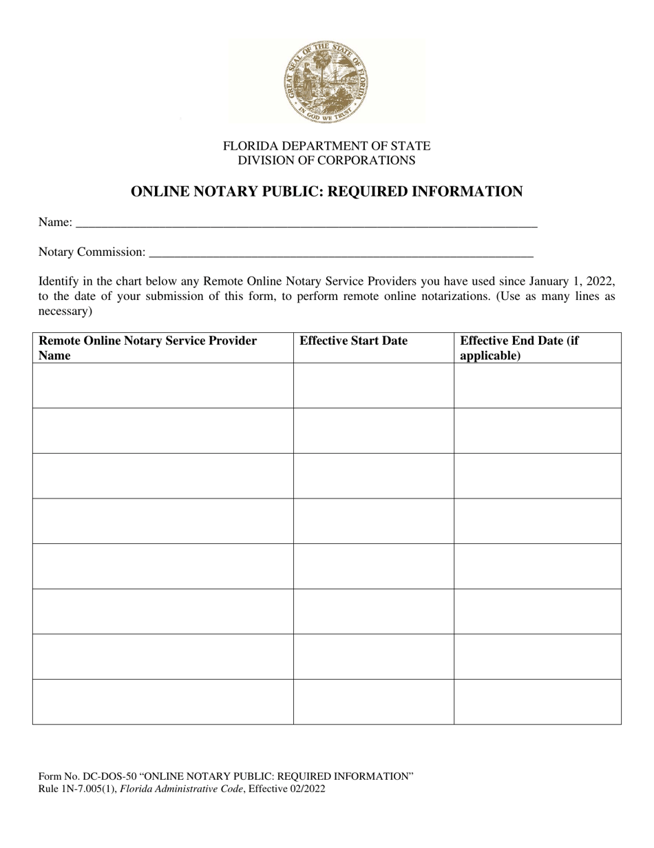 Form DC-DOS-50 Online Notary Public: Required Information - Florida, Page 1