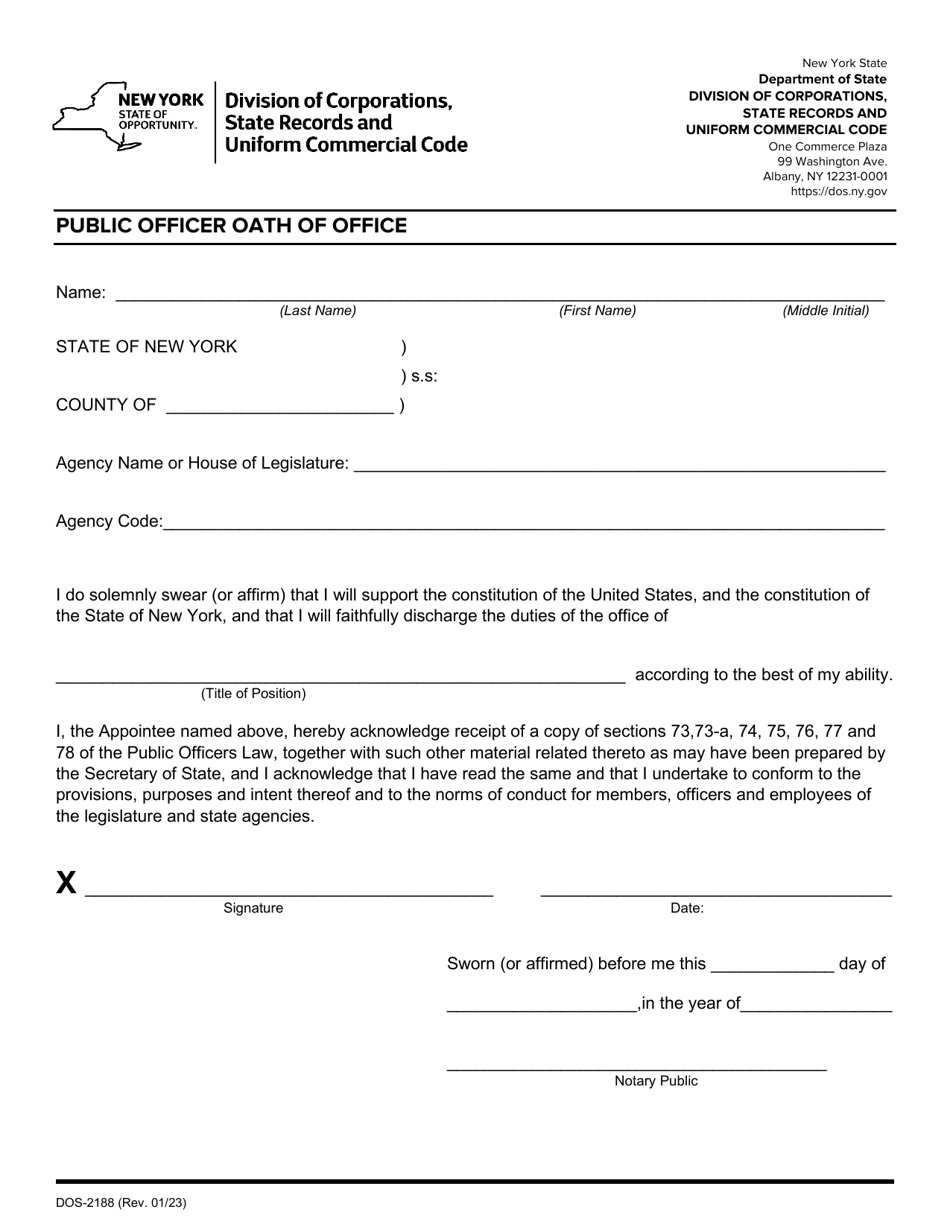 Form DS-2188 Public Officer Oath of Office - New York, Page 1