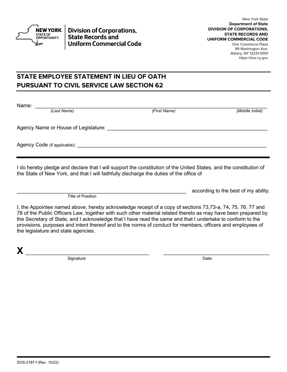 Form DOS-2187-F State Employee Statement in Lieu of Oath Pursuant to Civil Service Law Section 62 - New York, Page 1