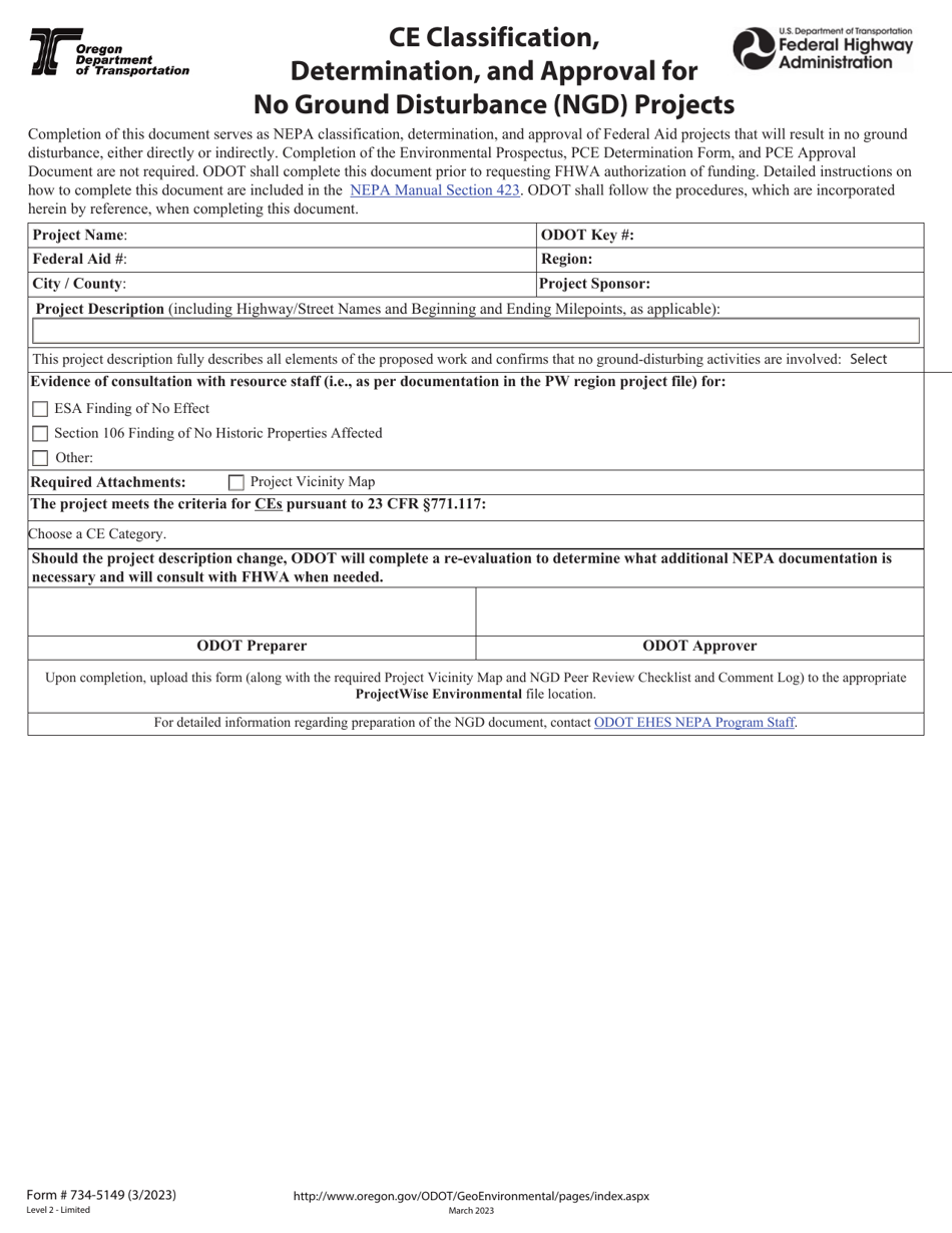 Form 734-5149 Ce Classification, Determination, and Approval for No Ground Disturbance (Ngd) Projects - Oregon, Page 1