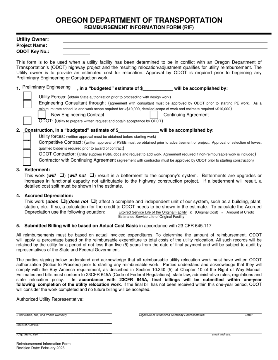 Reimbursement Information Form (Rif) - Oregon, Page 1