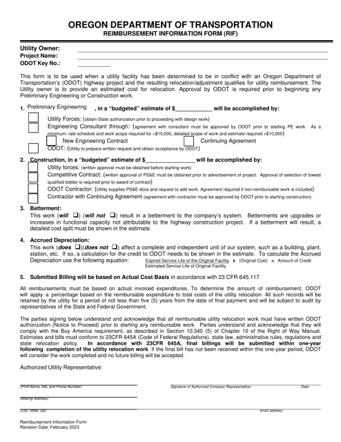 Reimbursement Information Form (Rif) - Oregon Download Pdf
