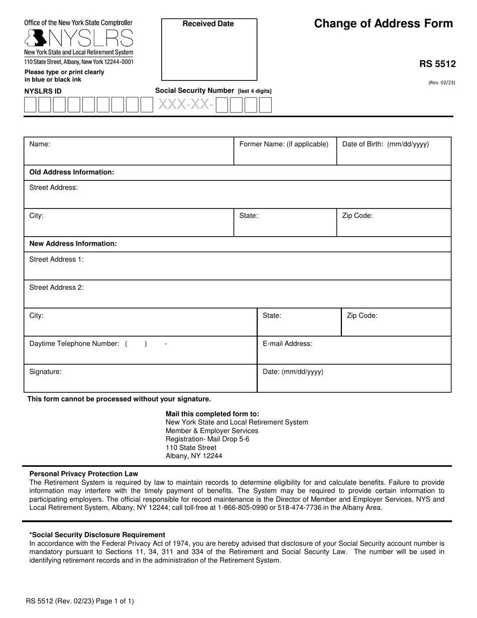 Form RS5512 Change of Address Form - New York, Page 1