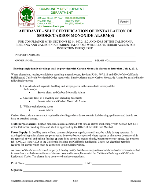 Form 04 Affidavit - Self Certification of Installation of Smoke/Carbon Monoxide Alarm(S) - City of Chico, California