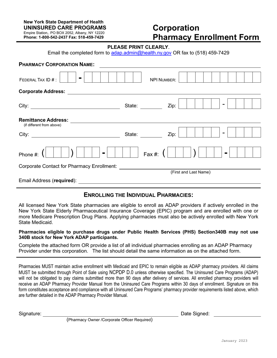 New York Corporation Pharmacy Enrollment Form Download Printable PDF