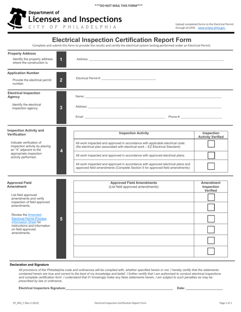 Form EP_003_F Electrical Inspection Certification Report Form - City of Philadelphia, Pennsylvania
