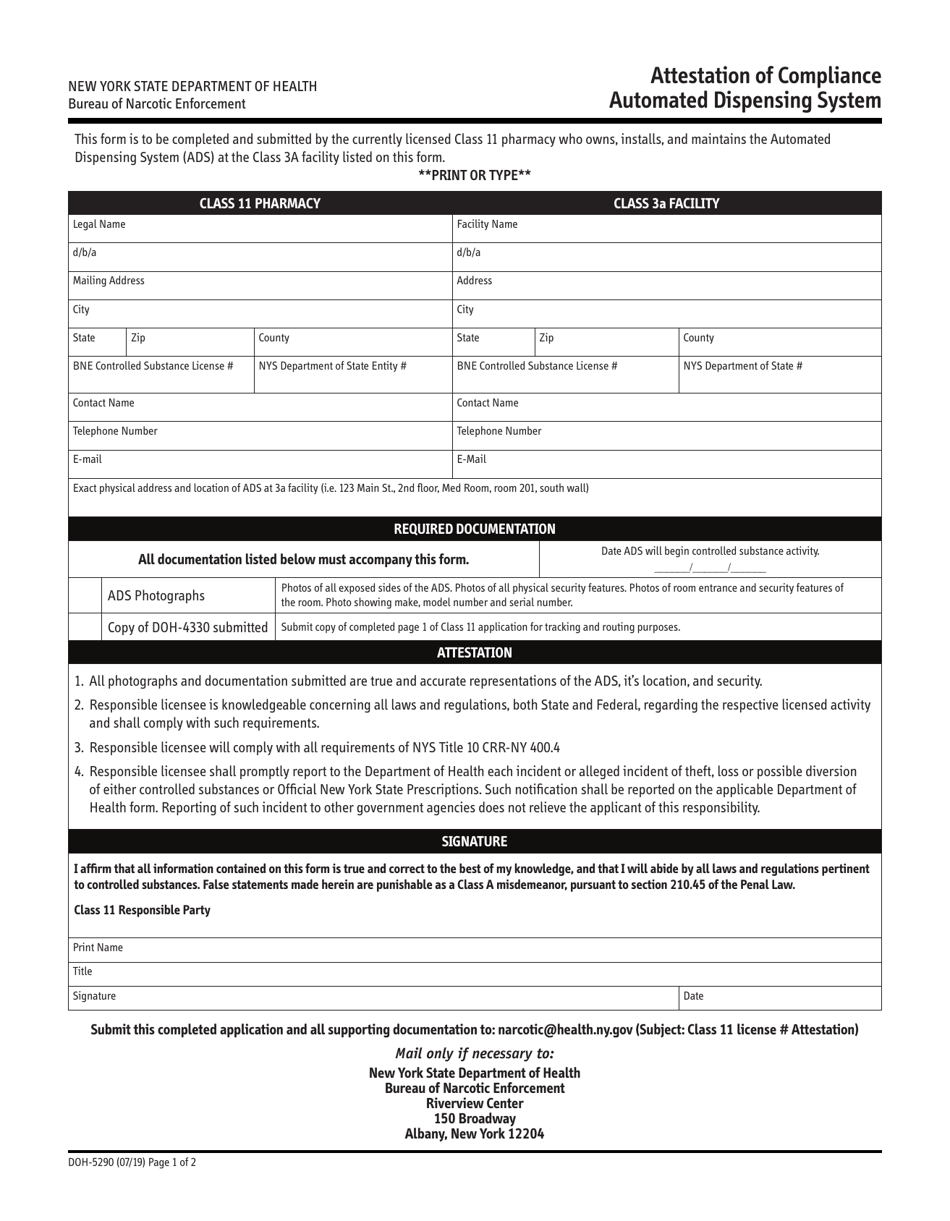 Form DOH5290 Attestation of Compliance Automated Dispensing System - New York, Page 1