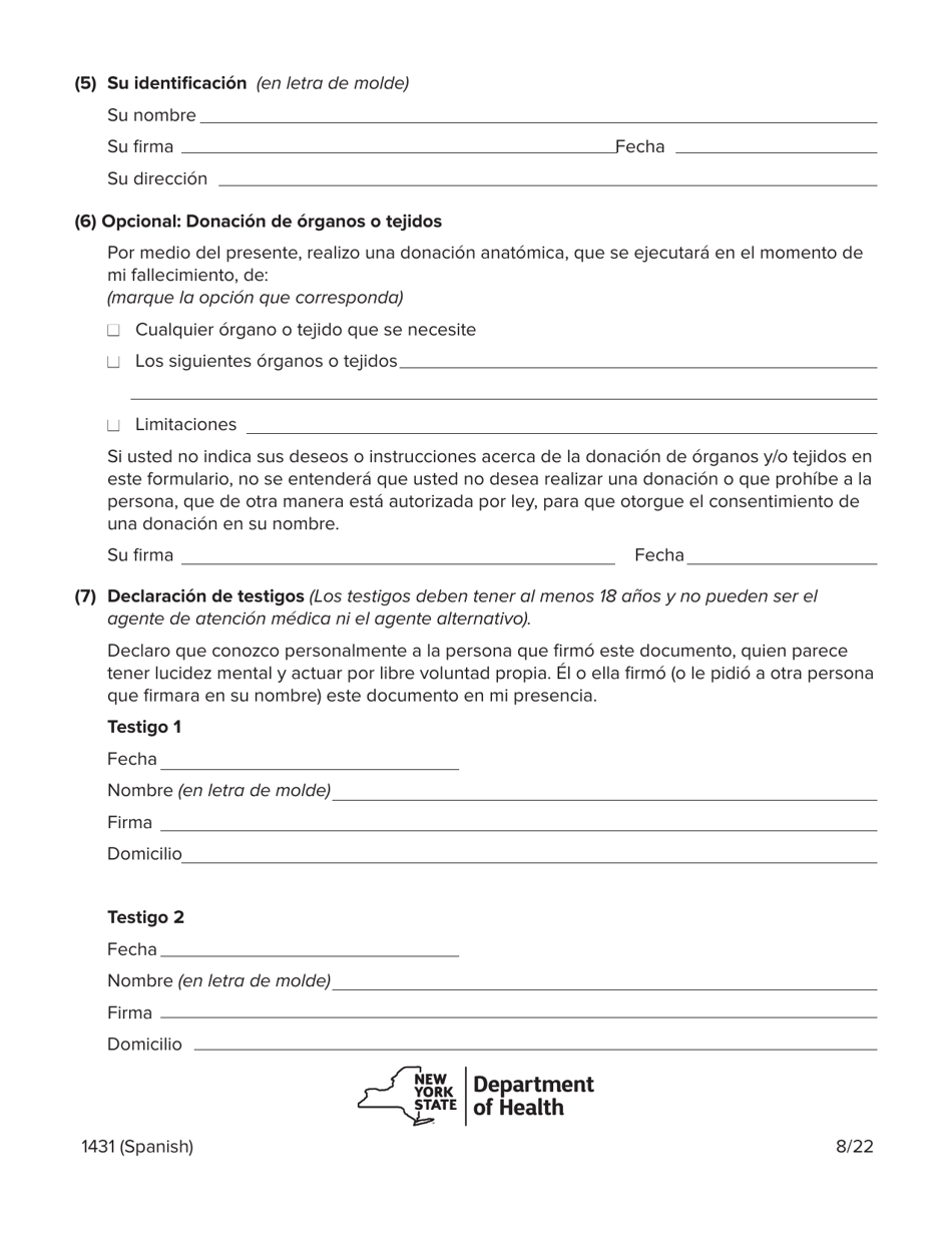 Formulario 1431 Formulario Para El Poder De Atencion Medica - New York (Spanish), Page 8