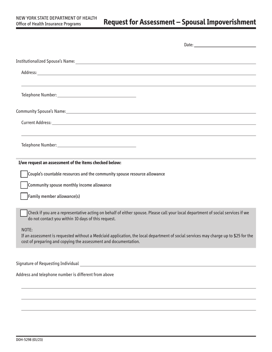 Form DOH-5298 Request for Assessment - Spousal Impoverishment - New York, Page 1