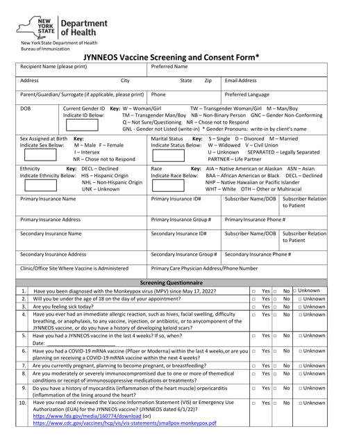 Jynneos Vaccine Screening and Consent Form - New York