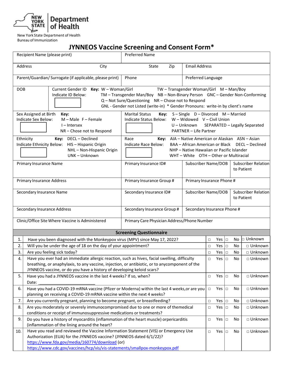 Jynneos Vaccine Screening and Consent Form - New York, Page 1