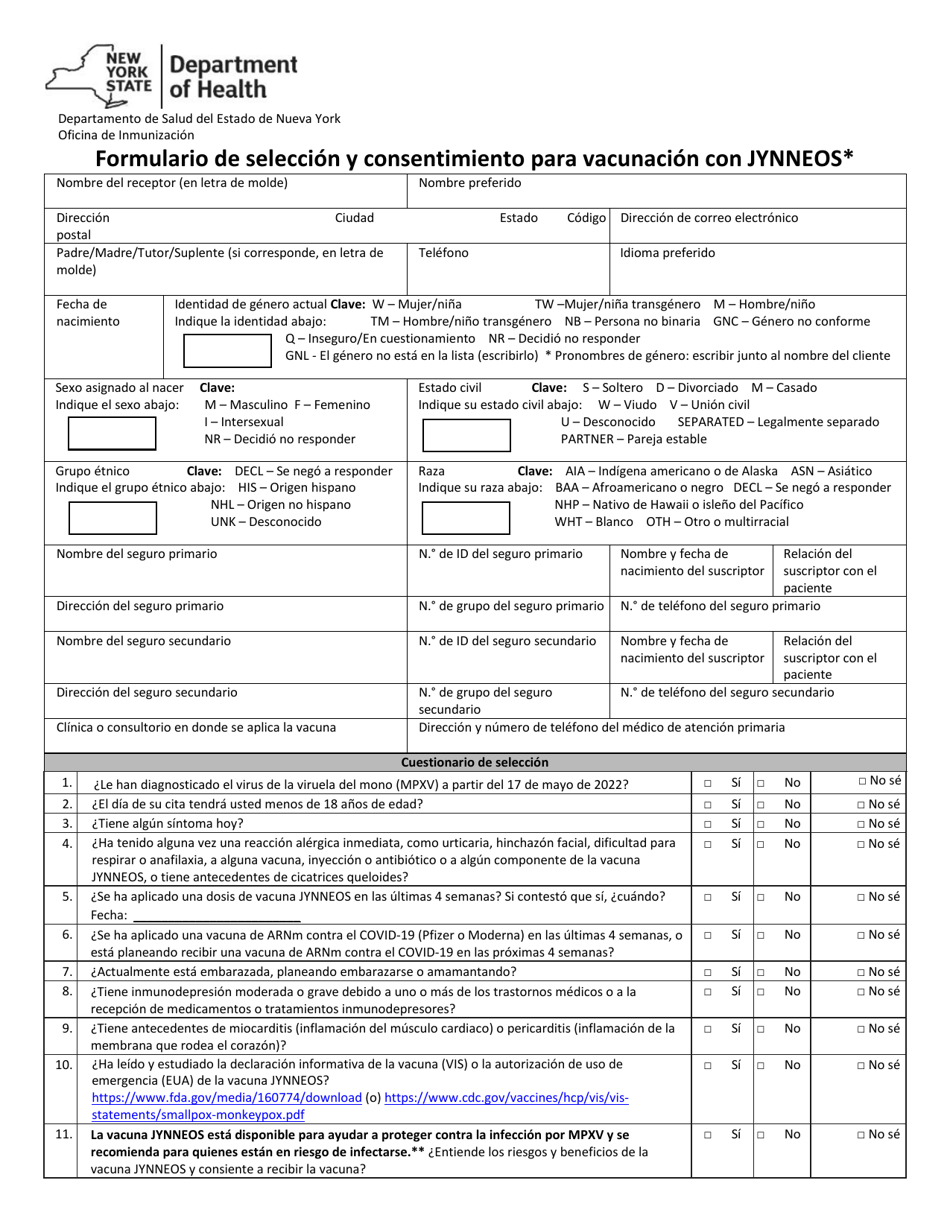 Formulario De Seleccion Y Consentimiento Para Vacunacion Con Jynneos - New York (Spanish), Page 1
