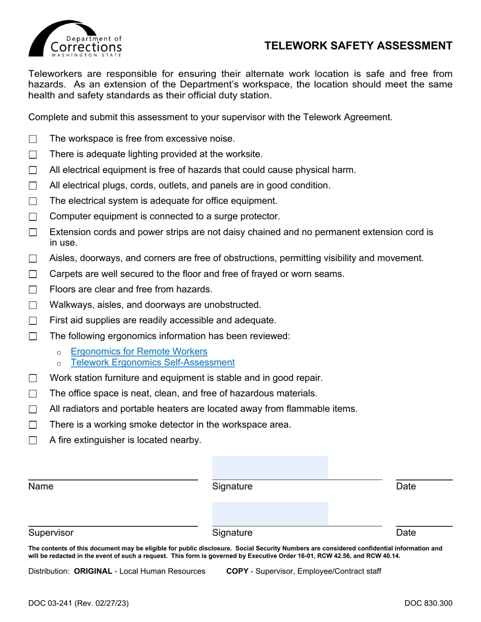 Form DOC03-241 Telework Safety Assessment - Washington, Page 1