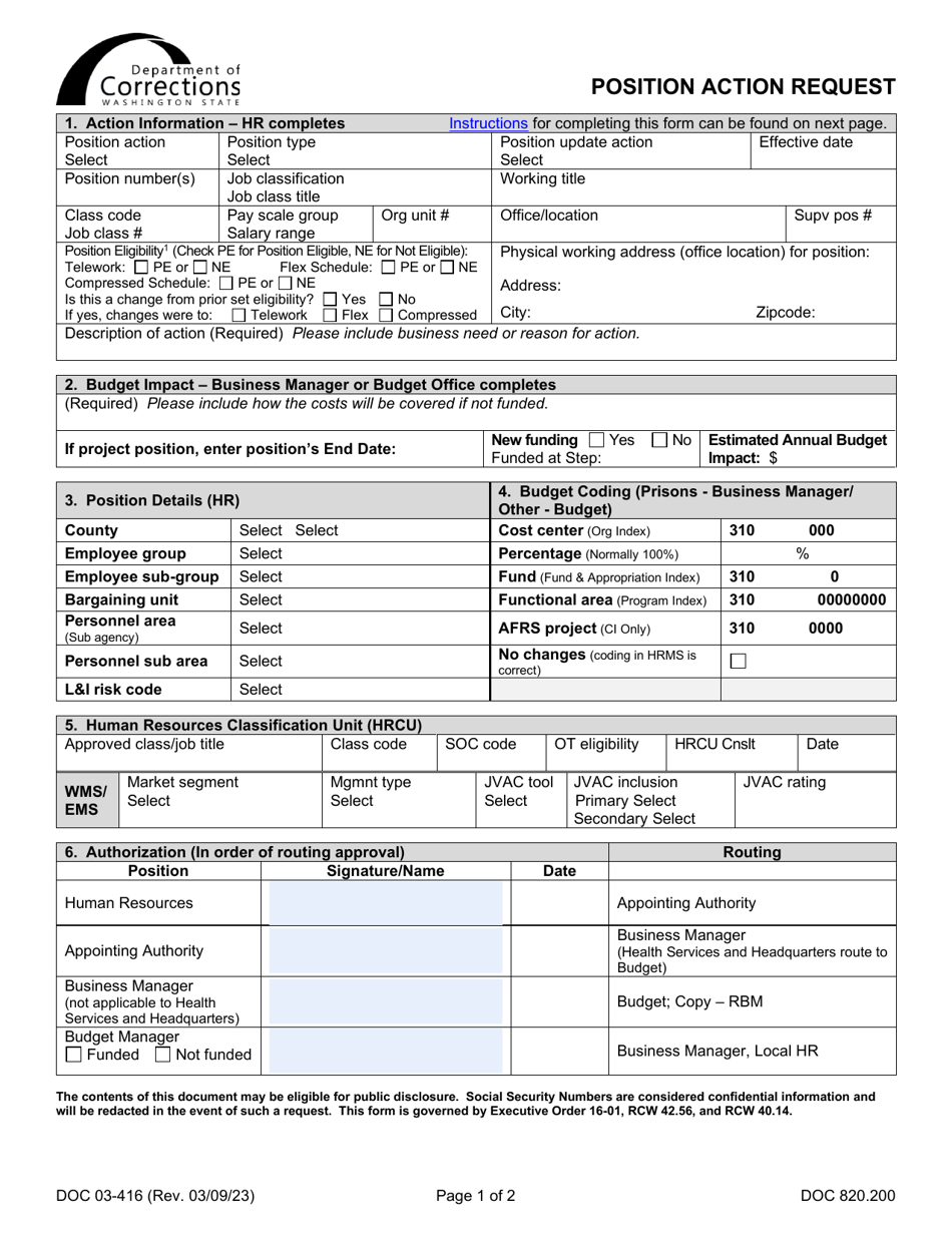 Form DOC03-416 Position Action Request - Washington, Page 1