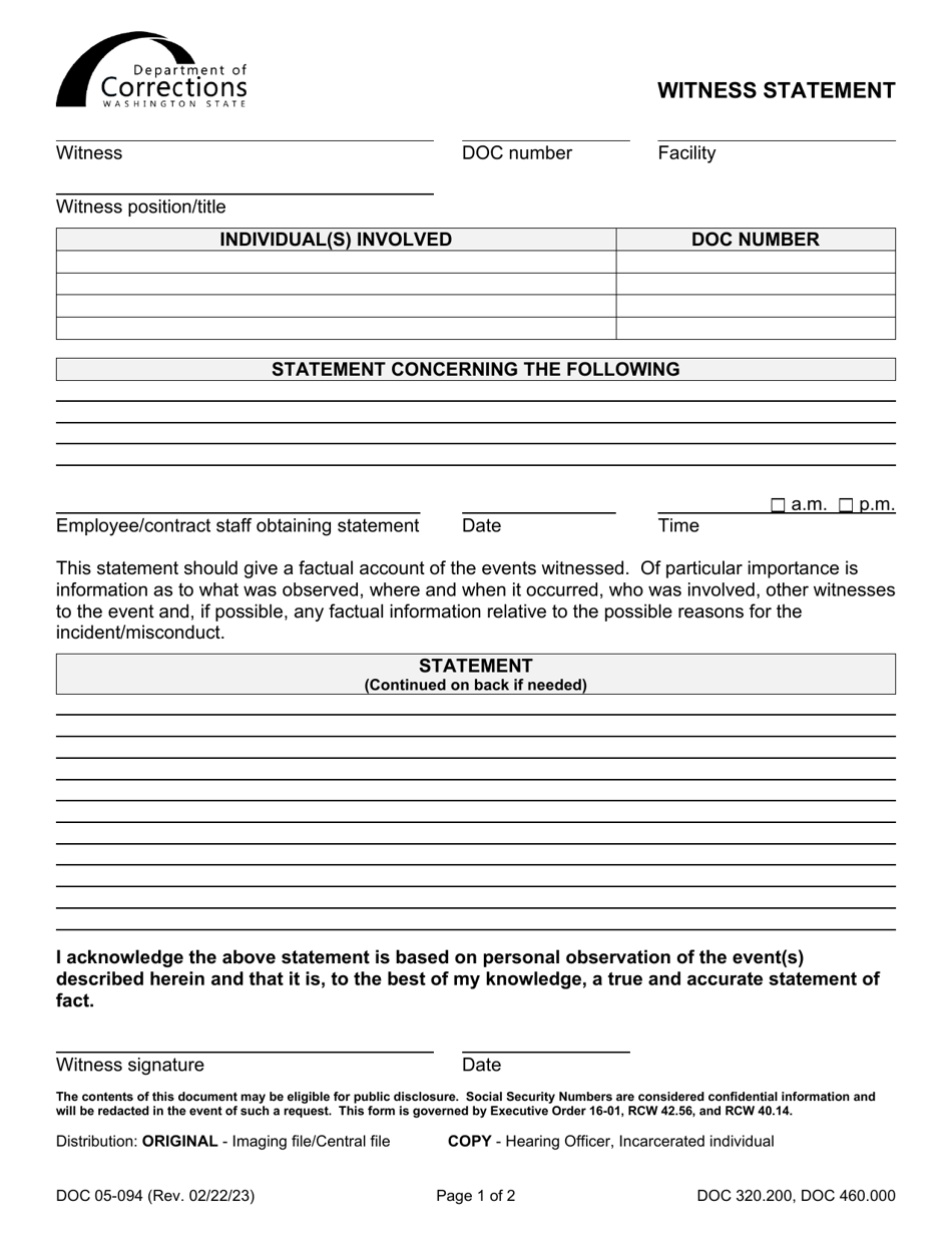 Form DOC05-094 Witness Statement - Washington, Page 1