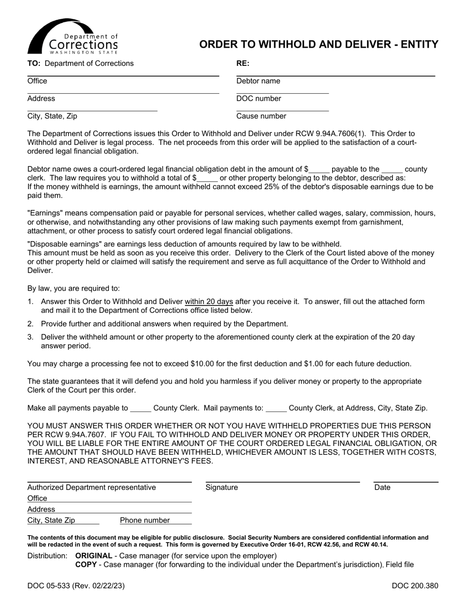 Form DOC05-533 Order to Withhold and Deliver - Entity - Washington, Page 1