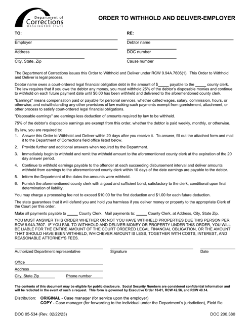 Form DOC05-534 Order to Withhold and Deliver-Employer - Washington