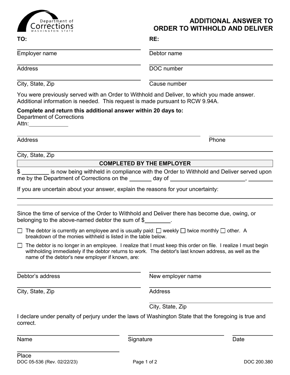 Form DOC05-536 Additional Answer to Order to Withhold and Deliver - Washington, Page 1