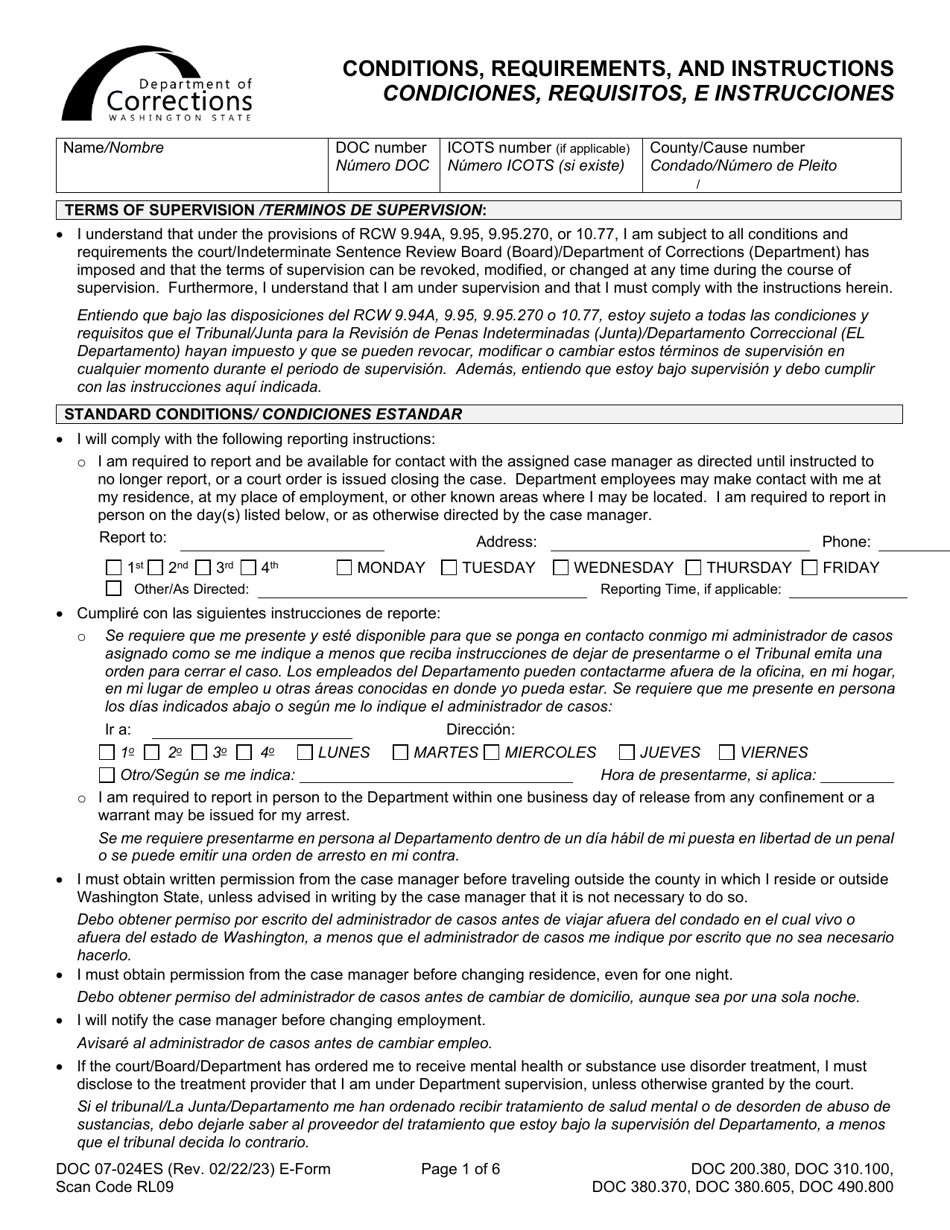 Form DOC07-024ES Conditions, Requirements, and Instructions - Washington (English / Spanish), Page 1