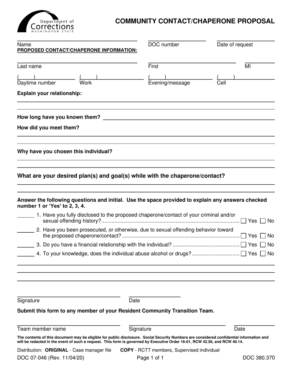 Form DOC07-046 Community Contact / Chaperone Proposal - Washington, Page 1