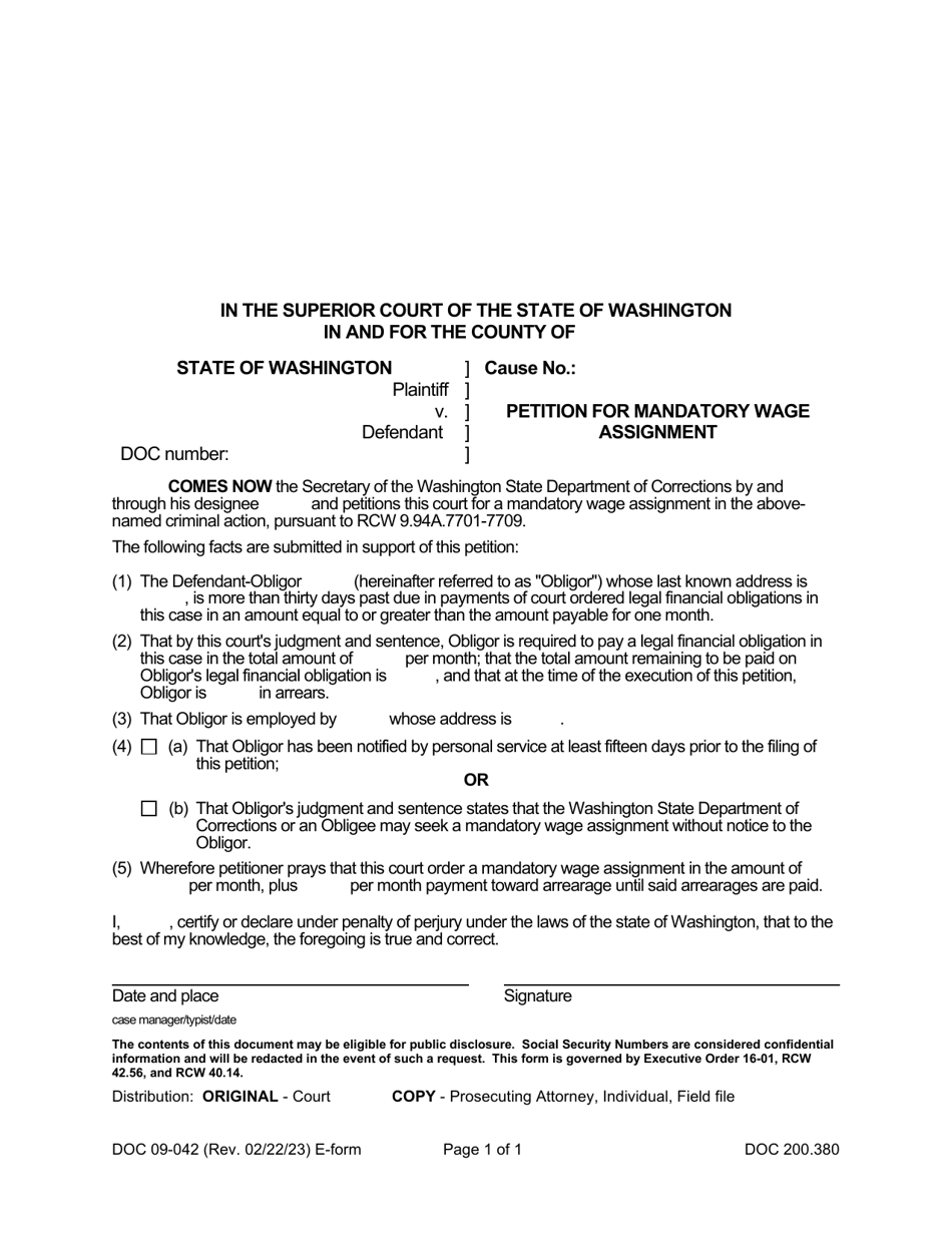 Form DOC09-042 Petition for Mandatory Wage Assignment - Washington, Page 1