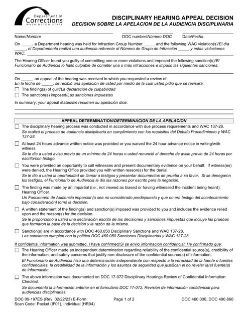 Form DOC09-197ES Disciplinary Hearing Appeal Decision - Washington (English/Spanish)