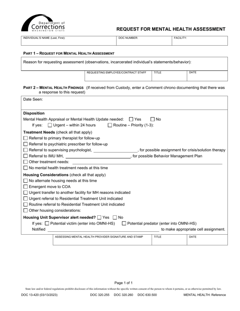 Form DOC13-420 Request for Mental Health Assessment - Washington