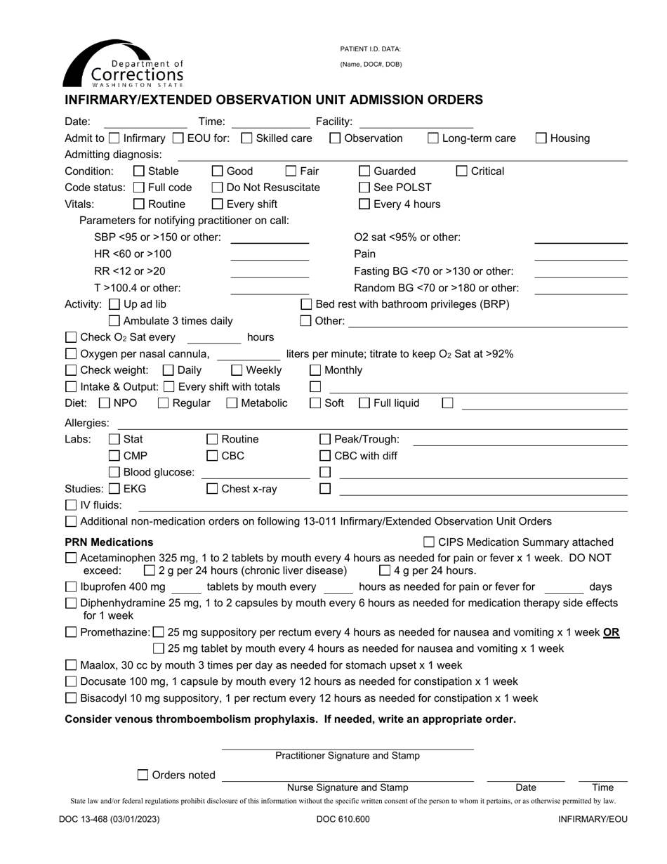 Form DOC13-468 Infirmary / Extended Observation Unit Admission Orders - Washington, Page 1