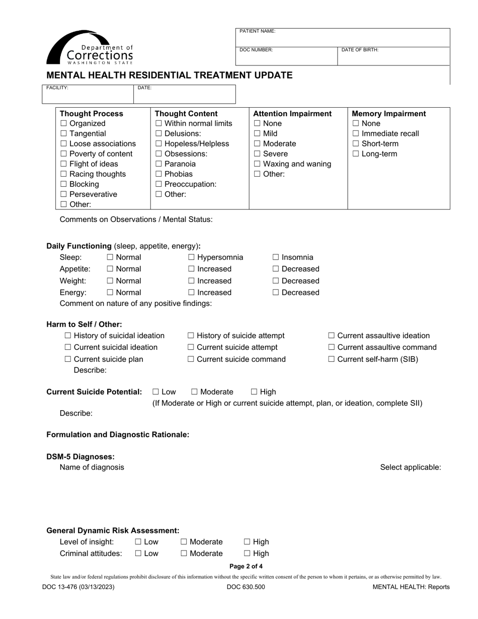 Form DOC13-476 Mental Health Residential Treatment Update - Washington, Page 2