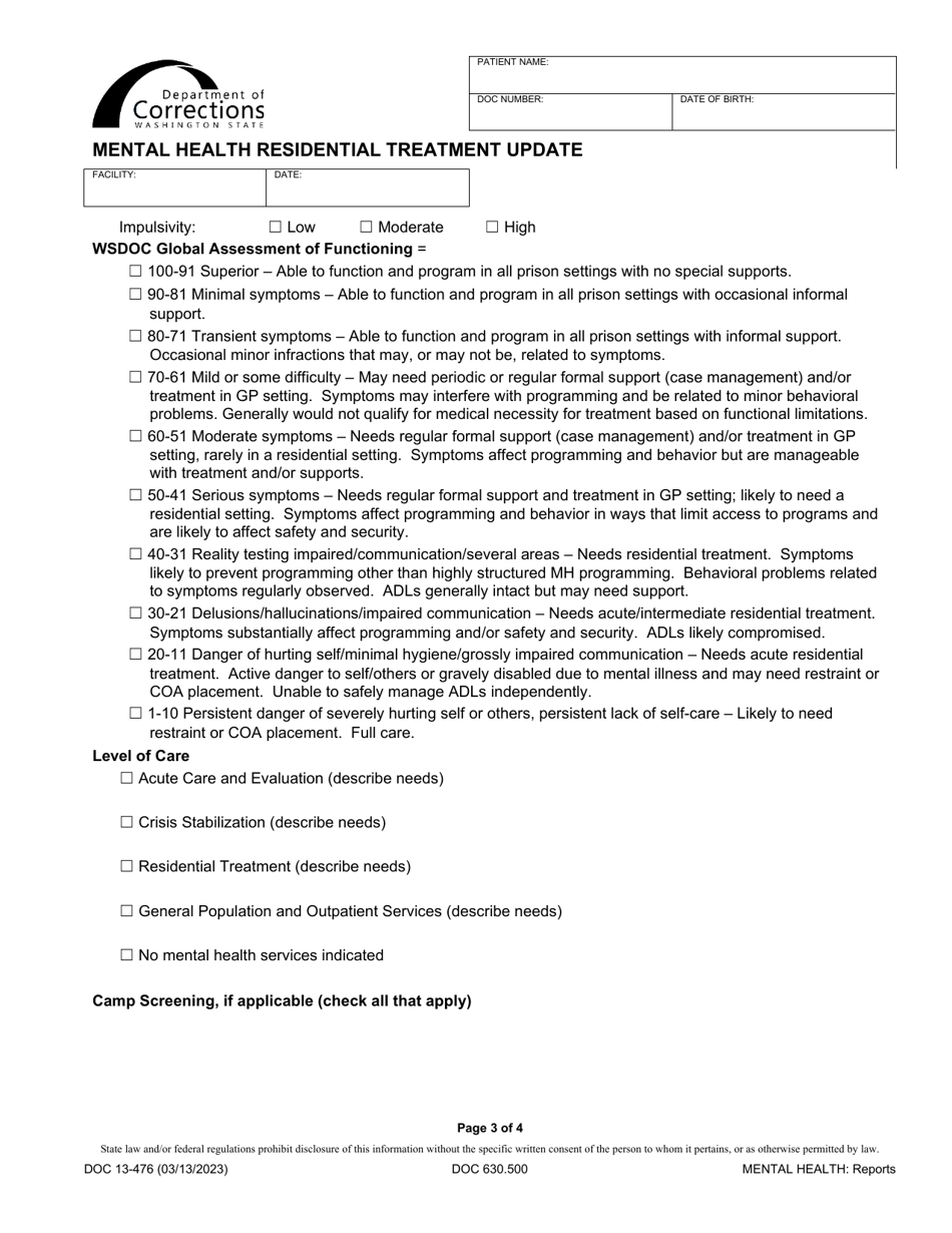 Form DOC13-476 Mental Health Residential Treatment Update - Washington, Page 3