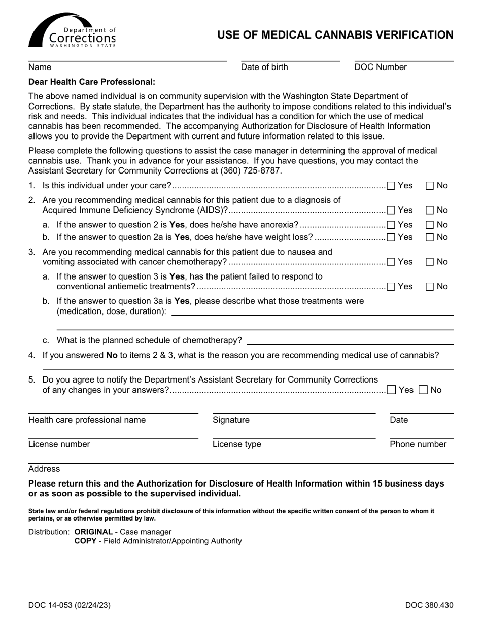 Form DOC14-053 Use of Medical Cannabis Verification - Washington, Page 1