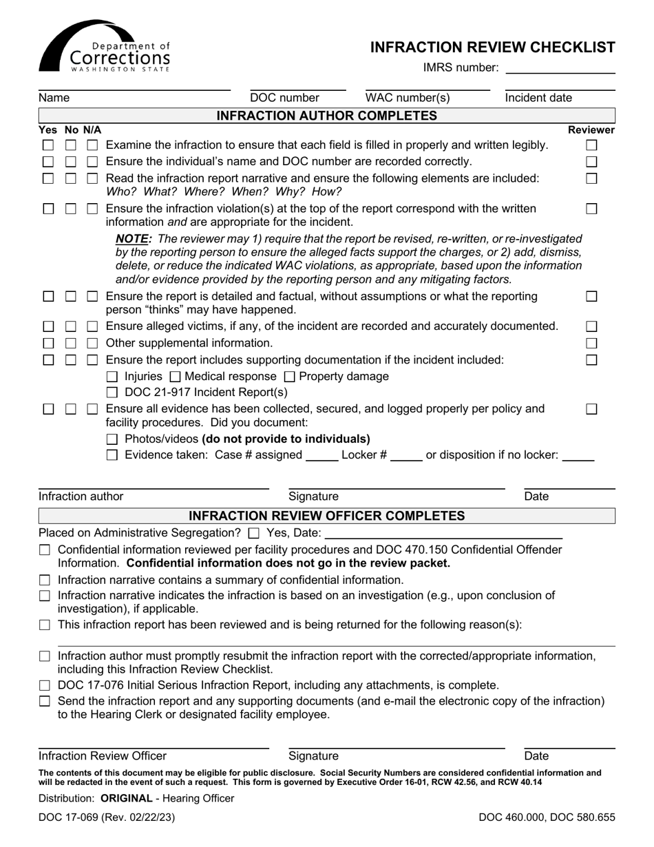 Form DOC17-069 Infraction Review Checklist - Washington, Page 1