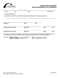 Document preview: Form DOC17-071 Disciplinary Hearing Refusal/Waiver of Attendance - Washington