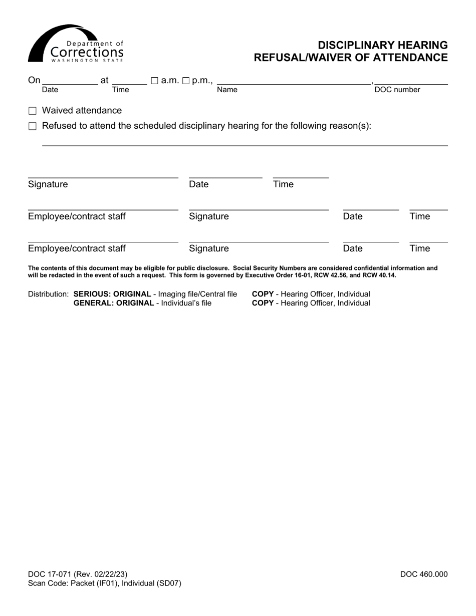 Form DOC17-071 Disciplinary Hearing Refusal / Waiver of Attendance - Washington, Page 1