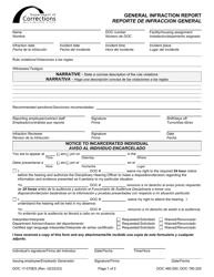 Form DOC17-070ES General Infraction Report - Washington (English/Spanish)