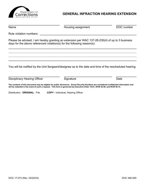 Form DOC17-073 General Infraction Hearing Extension - Washington