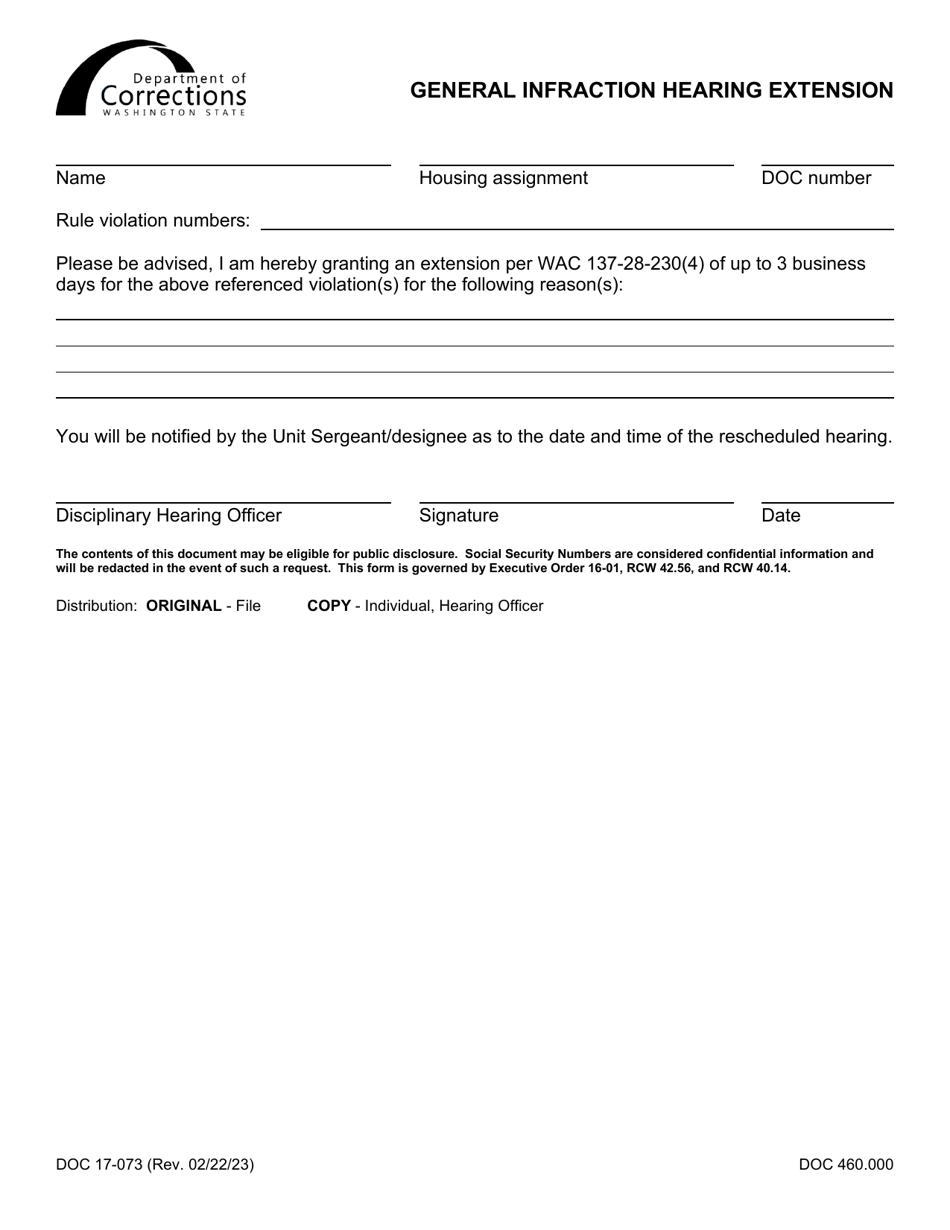 Form DOC17-073 General Infraction Hearing Extension - Washington, Page 1