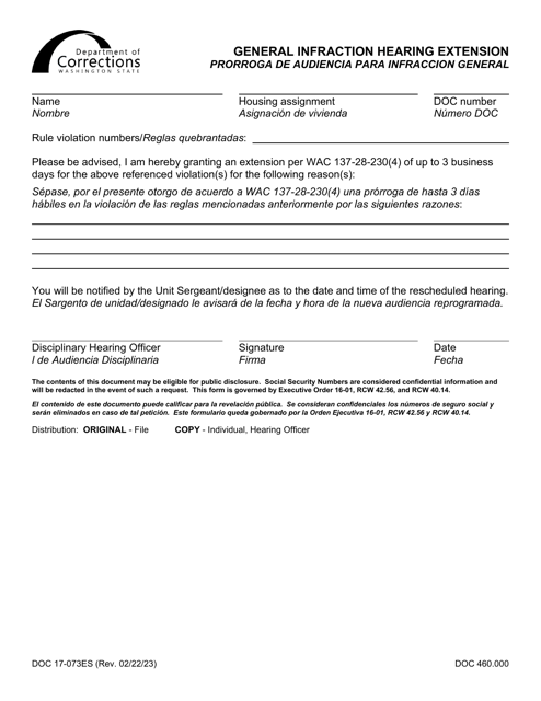 Form DOC17-073ES General Infraction Hearing Extension - Washington (English/Spanish)