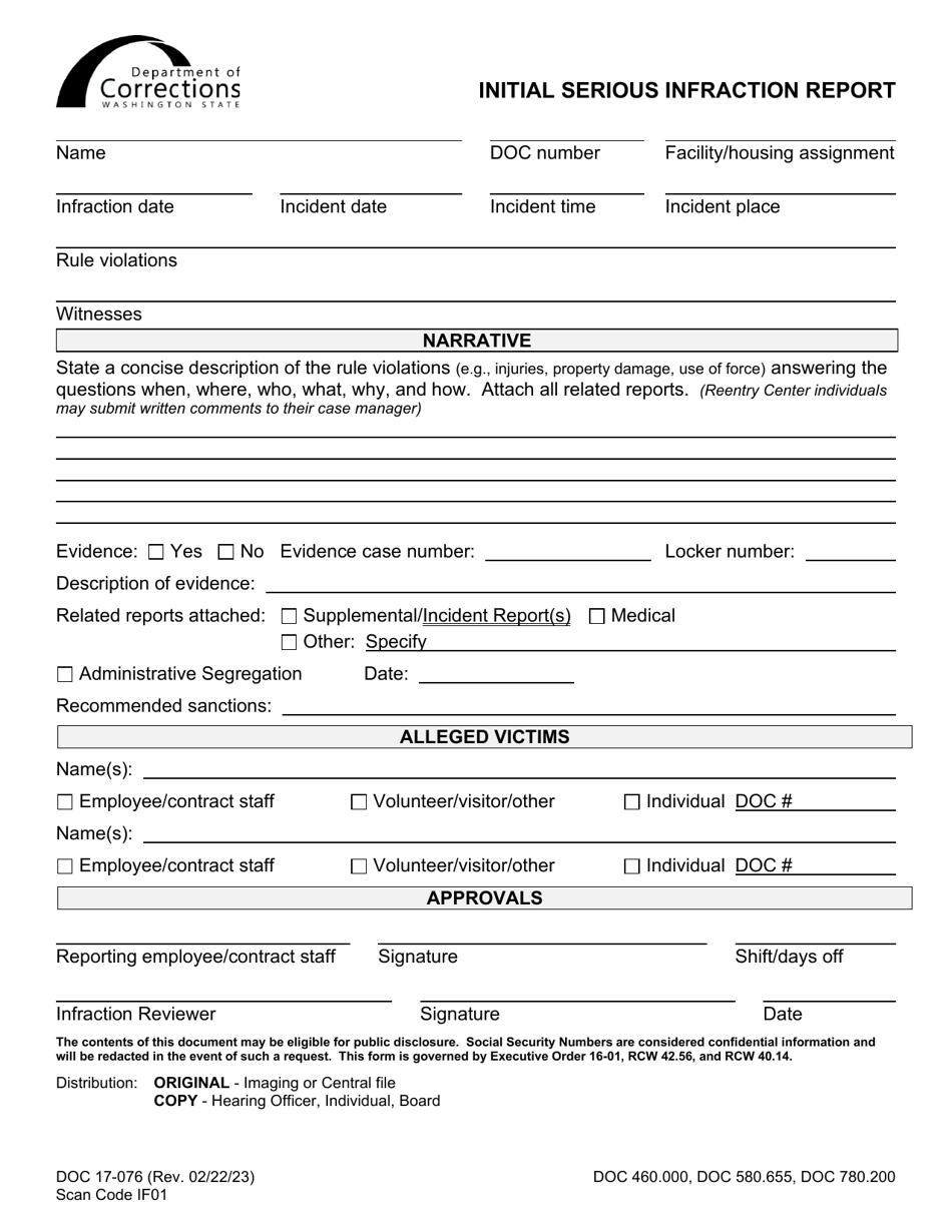 Form DOC17-076 Initial Serious Infraction Report - Washington, Page 1