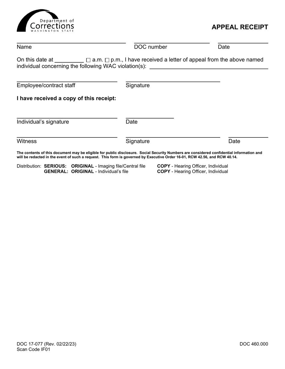 Form DOC17-077 Appeal Receipt - Washington, Page 1