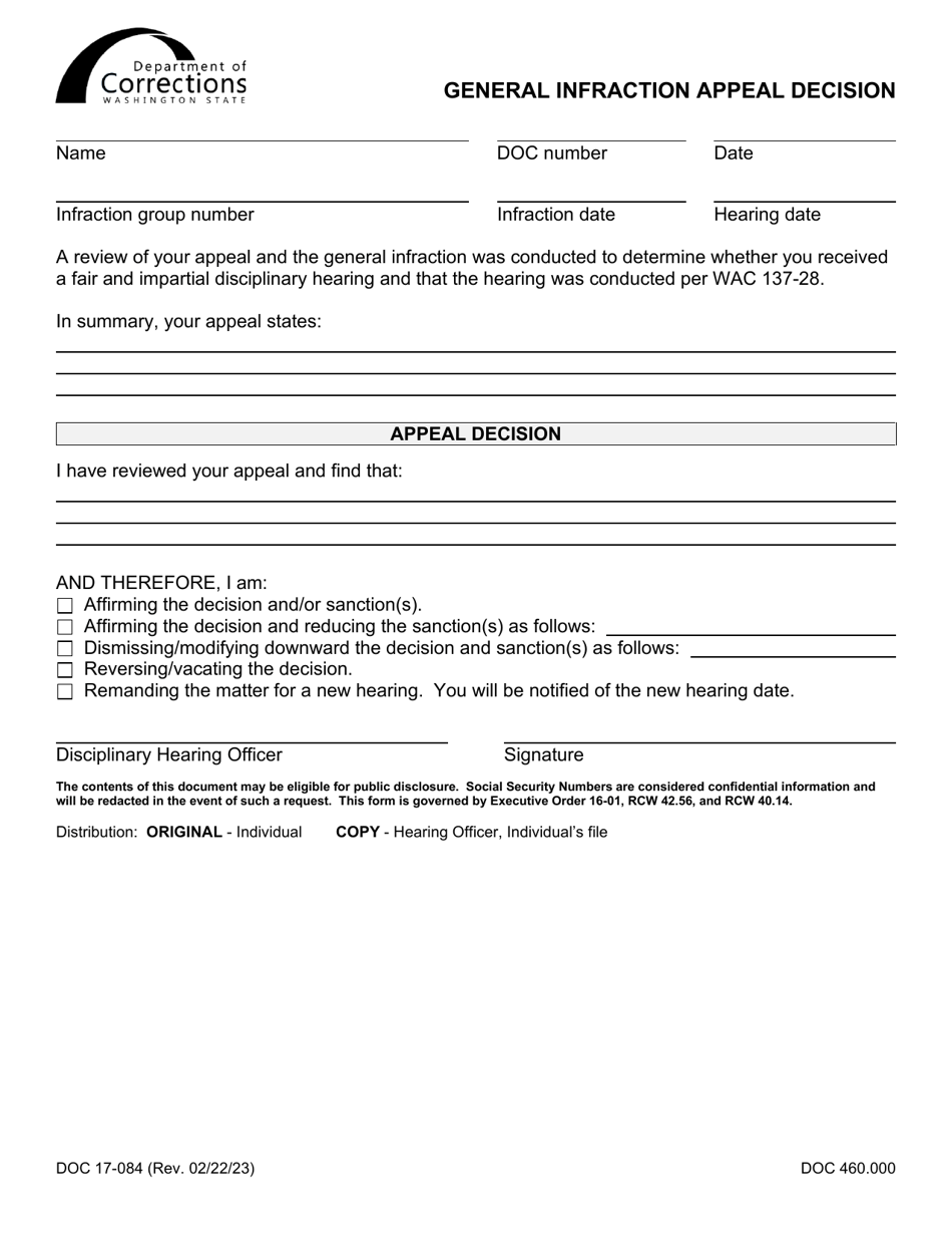 Form DOC17-084 General Infraction Appeal Decision - Washington, Page 1