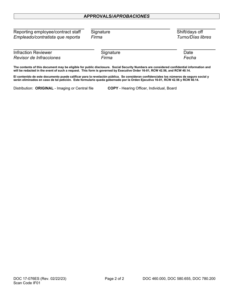 Form DOC17-076ES Initial Serious Infraction Report - Washington (English / Spanish), Page 2
