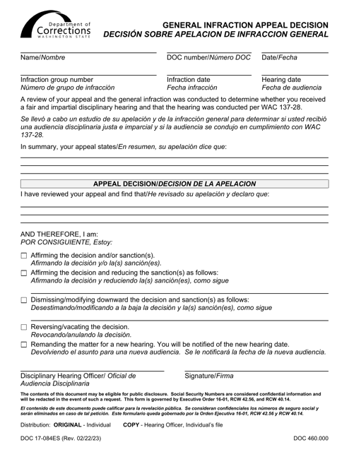 Form DOC17-084ES General Infraction Appeal Decision - Washington (English/Spanish)