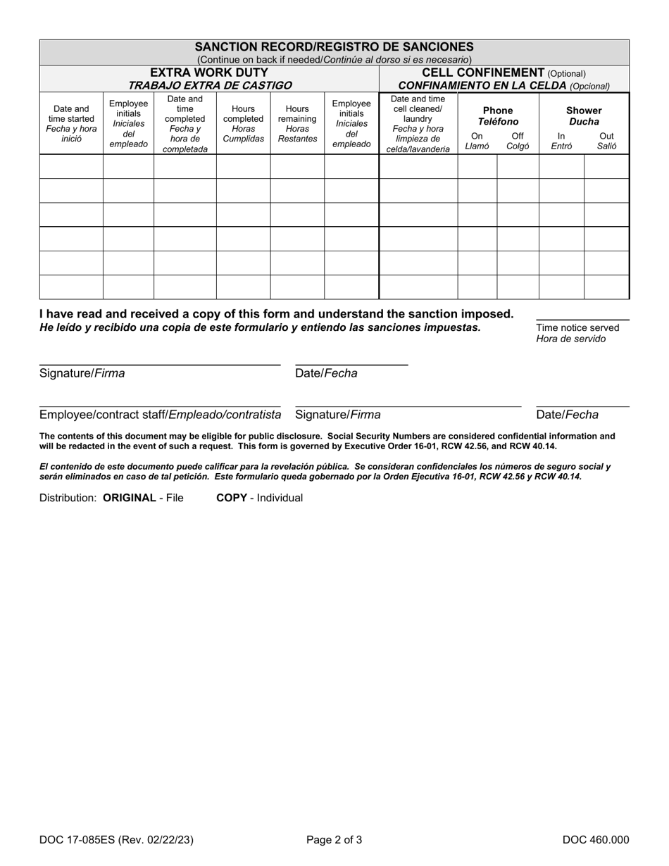 Form DOC17-085ES Sanction Notification - Washington (English / Spanish), Page 2