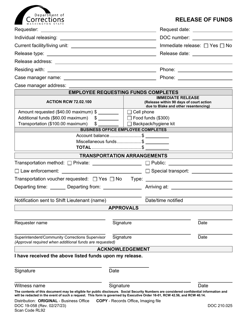 Form DOC19-058 Release of Funds - Washington, Page 1