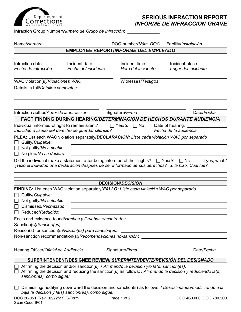 Form DOC20-051ES Serious Infraction Report - Washington (English / Spanish), Page 1