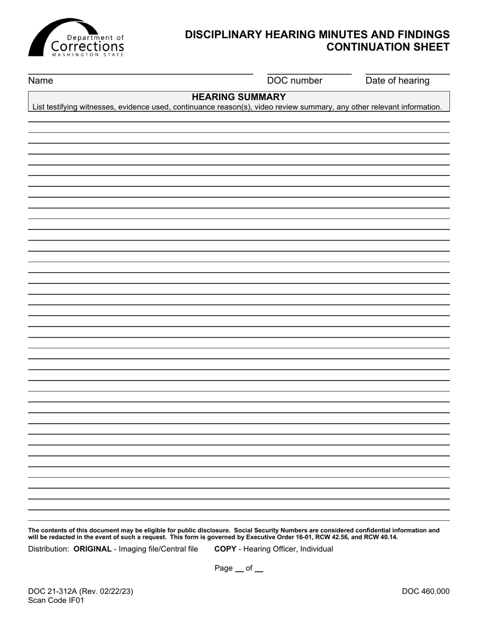 Form DOC21-312A Disciplinary Hearing Minutes and Findings Continuation Sheet - Washington, Page 1